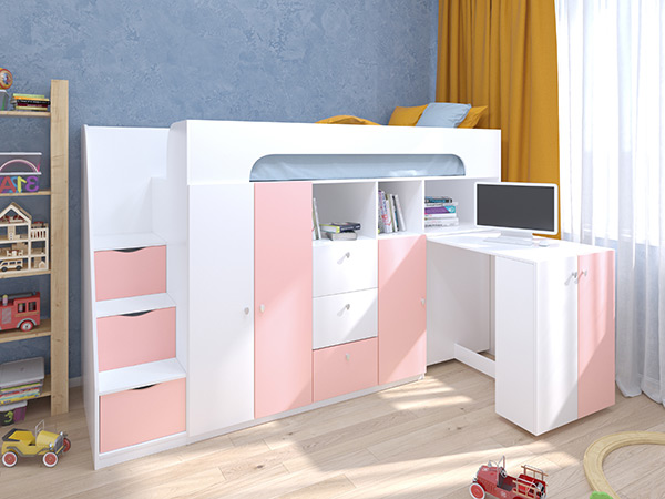 Кровать-чердак "Астра 11" белый/розовый