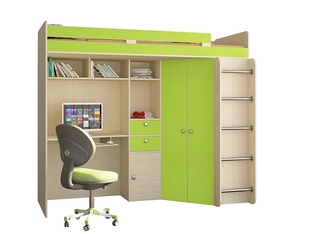 Кровать-чердак "Астра" дуб молочный-салатовый