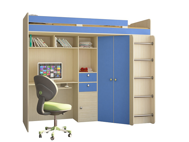 Кровать-чердак "Астра" дуб молочный-голубой