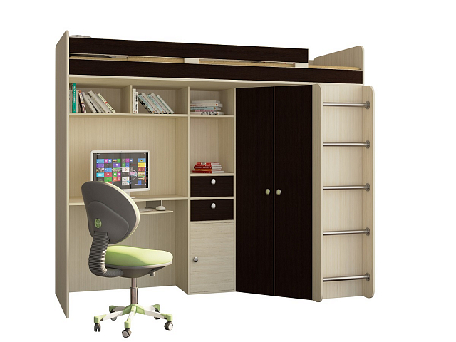 Кровать-чердак "Астра" дуб молочный-венге