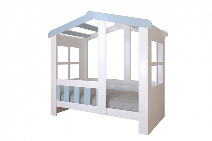 Кровать домик без ящика одноярусная "Астра", белый/голубой