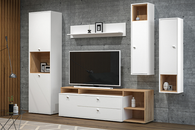 Стенка "Бэль" Белый премиум/Дуб Золотой craft (крафт) (крафт)