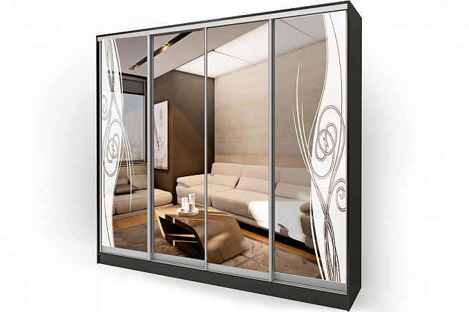 Шкаф-купе "Версаль" 4-х дверный, 2 зеркала пескоструй 200x60x220 в наличии 1шт в цвете венге цаво