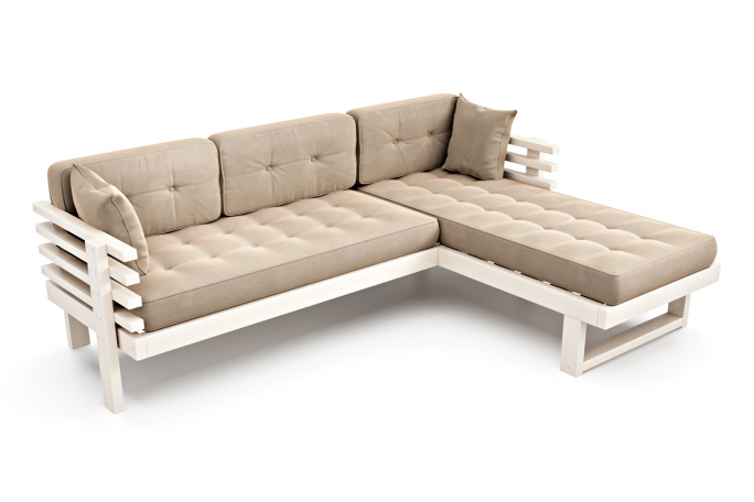 Диван угловой "Стоун" беленый дуб, велюр слоновая кость