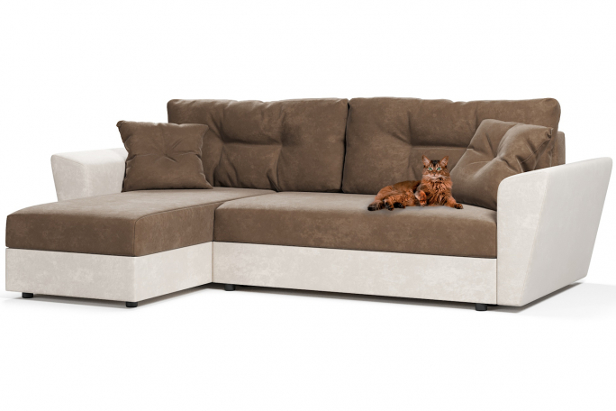 Диван-кровать угловой "Амстердам" велюр Кабрио коричневый/бежевый, подушки коричневые, левый угол