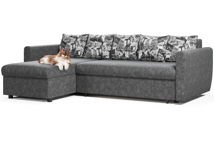 Угловой диван-кровать "Мартин" принт Санкт-Петербург/серый вельвет люкс, левый угол