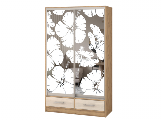 Шкаф-купе "Версаль" компоновка 2/ящики, 2 двери зеркало пескоструй , дуб золотистый-анкор светлый