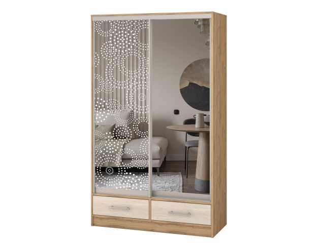 Шкаф-купе "Версаль" компоновка 2/ящики, 1 дверь зеркало, 1 дверь зеркало пескоструй , дуб золотистый-анкор светлый