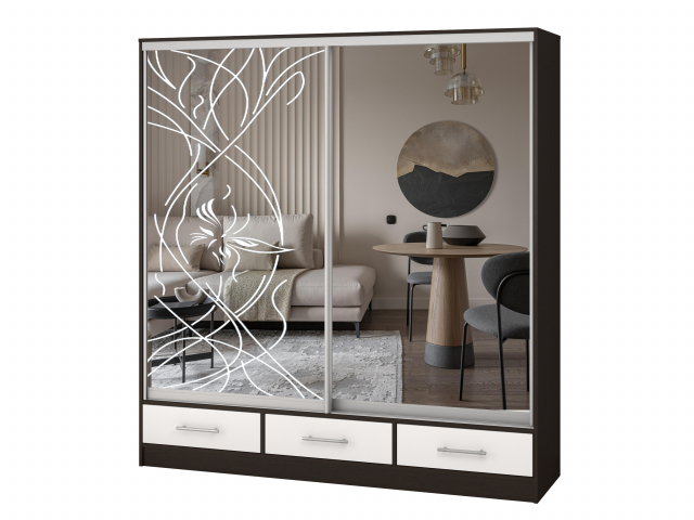Шкаф-купе "Версаль" компоновка 3/ящики, 1 дверь зеркало пескоструй, 1 дверь зеркало, венге-белый