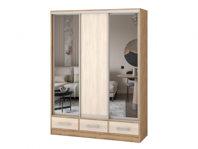 Шкаф-купе "Версаль" компоновка 2/ящики, 1 дверь ЛДСП, 2 двери зеркало, дуб золотистый-анкор светлый