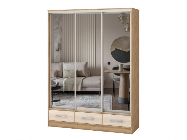 Шкаф-купе "Версаль" компоновка 2/ящики, 3 двери зеркало, дуб золотистый-анкор светлый