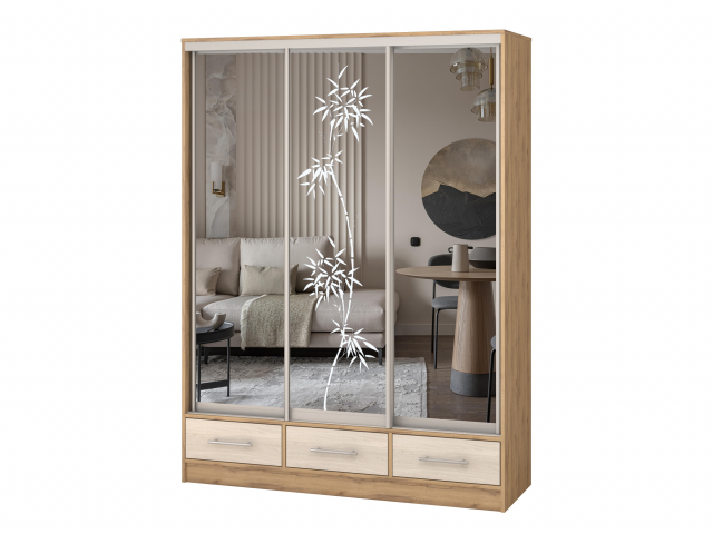 Шкаф-купе "Версаль" компоновка 2/ящики,1 дверь зеркало пескоструй, 2 двери зеркало, дуб золотистый-анкор светлый