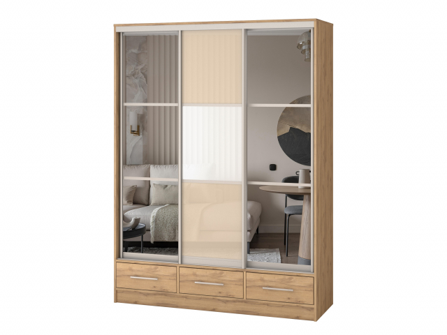 Шкаф-купе "Версаль" компоновка 2/ящики, 2 двери зеркало, 1 дверь Оракал, дуб золотистый-анкор светлый