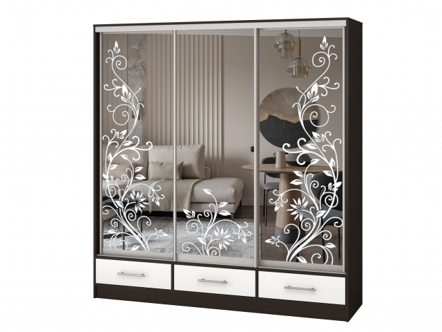  Шкаф-купе "Версаль" компоновка 3/ящики, 3 двери зеркало пескоструй, венге-белый