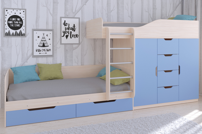 Кровать двухъярусная "Астра 6" дуб молочный-голубой