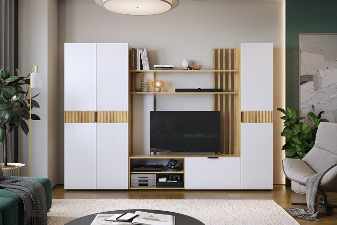 Гостиная "Бери" К2 дуб крафт золотой/белое дерево