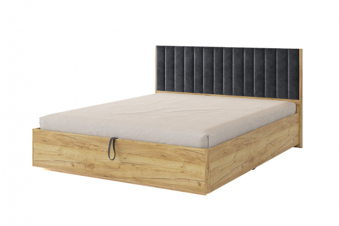 Кровать двуспальная "Адам" с ортопедическим подъемным основанием, дуб крафт золотой/грей алькантара