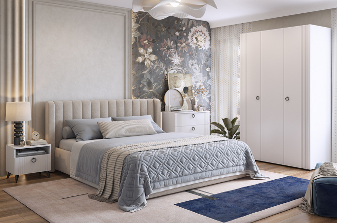 Спальный гарнитур "Ева К1"  белое дерево/белый матовый/крем велюр