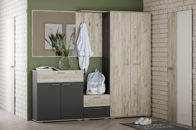 Прихожая "Санти" комплектация 1 антрацит, дуб крафт серый