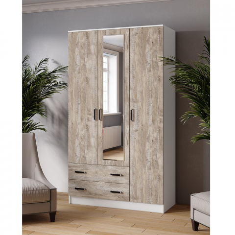 Шкаф 3-х створчатый с зеркалом "Лагуна", белый/дуб юкон