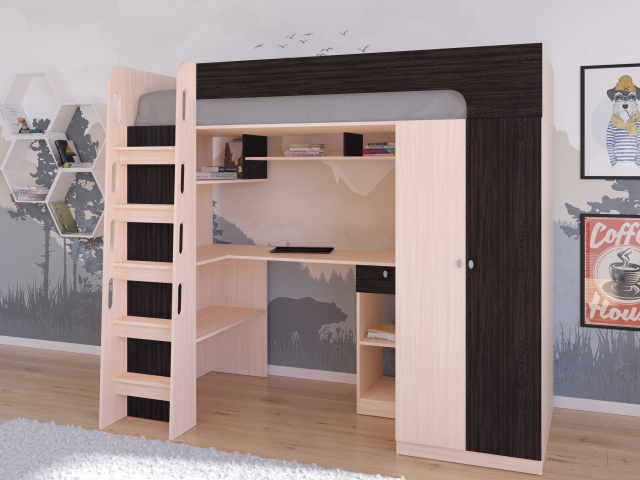 Кровать-чердак "Астра 10" дуб молочный-венге