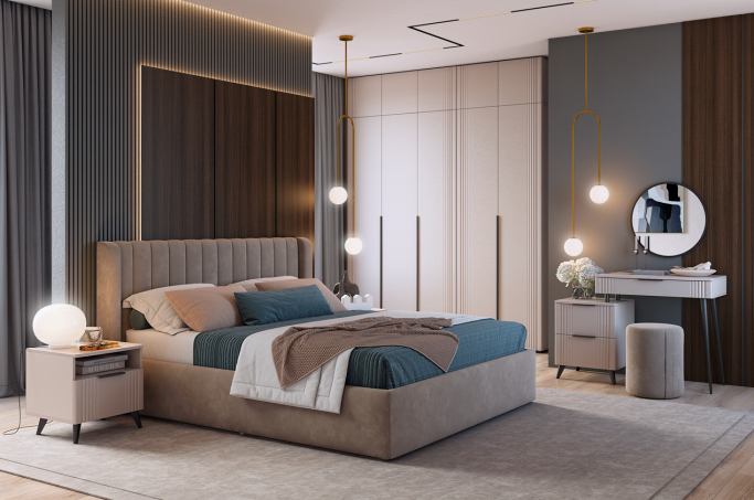 Спальня "Катрин К1" кашемир/фрапучино матовый/капучино (велюр)/черный