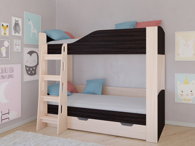 Кровать двухъярусная "Астра 2" с ящиком, дуб молочный/венге