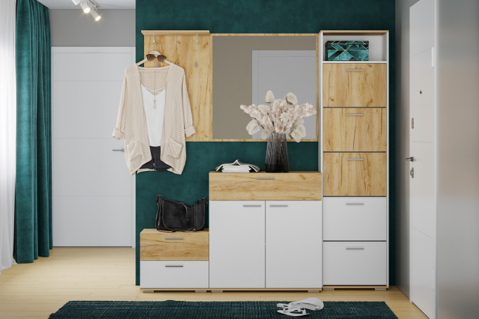 Прихожая "Санти" комплектация 3 белый фасадный, дуб крафт золотой