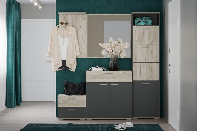 Прихожая "Санти" комплектация 3 антрацит, дуб крафт серый