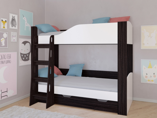 Кровать двухъярусная "Астра 2" с ящиком, венге/белый