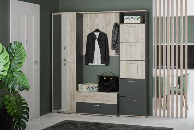 Прихожая "Санти" комплектация 2 антрацит, дуб крафт серый