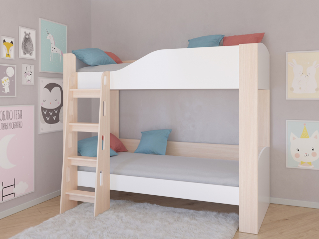 Кровать двухъярусная "Астра 2" без ящика, дуб молочный/белый