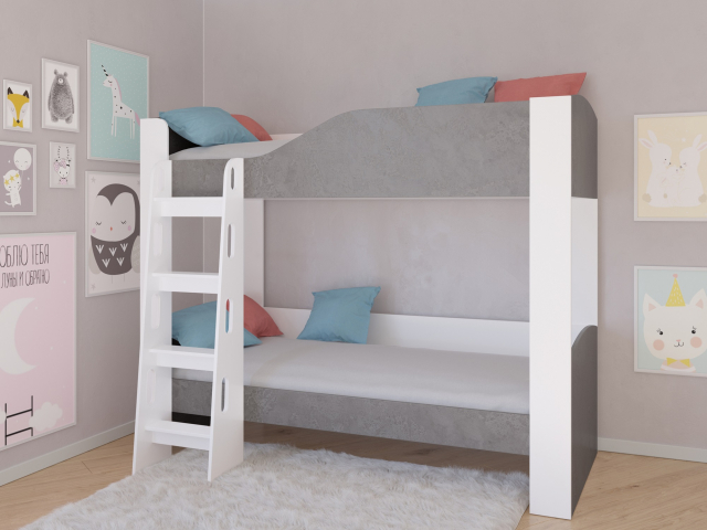 Кровать двухъярусная "Астра 2" без ящика, белый/железный камень