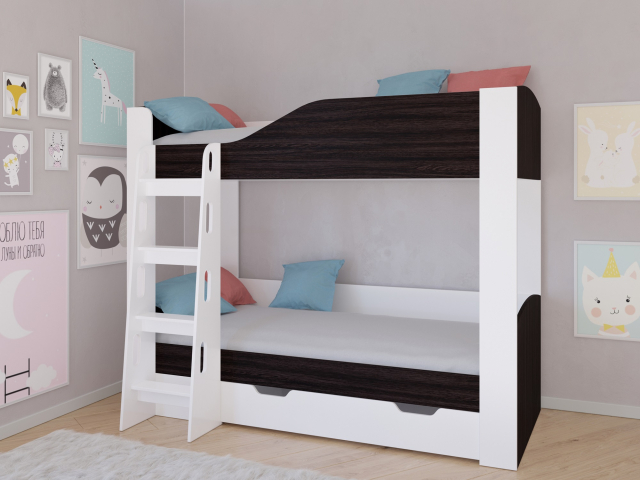 Кровать двухъярусная "Астра 2" с ящиком, белый/венге