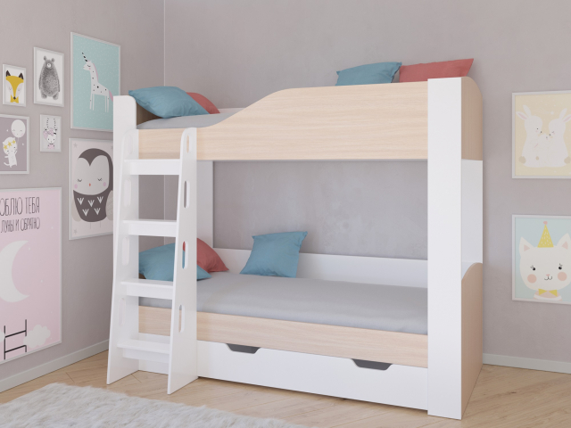 Кровать двухъярусная "Астра 2" с ящиком, белый/дуб молочный