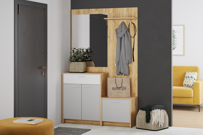 Прихожая "Нортон" комплектация 1 серый камень, белый фасадный, дуб крафт золотой