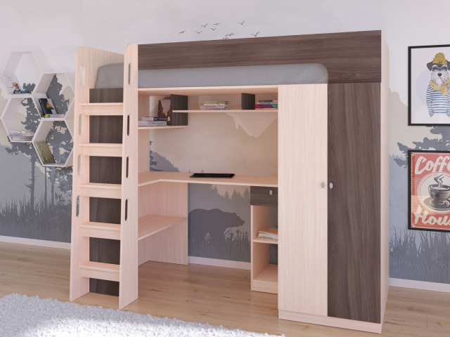 Кровать-чердак "Астра 10" дуб молочный-шамони
