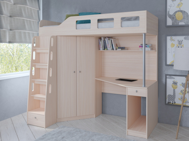 Кровать-чердак "Астра 7" дуб молочный - дуб молочный