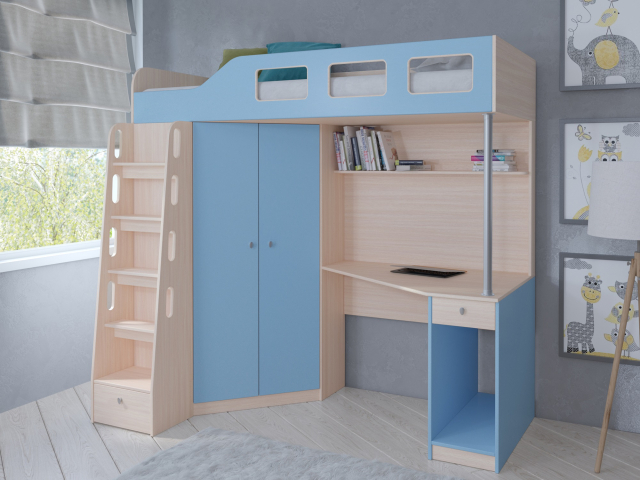 Кровать-чердак "Астра 10" дуб молочный-голубой