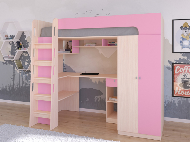 Кровать-чердак "Астра 10" дуб молочный-розовый