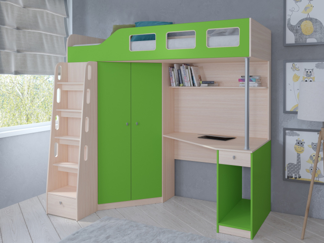 Кровать-чердак "Астра 7" дуб молочный-салатовый