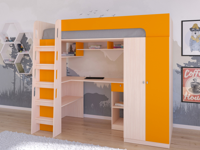 Кровать-чердак "Астра 10" дуб молочный-оранжевый