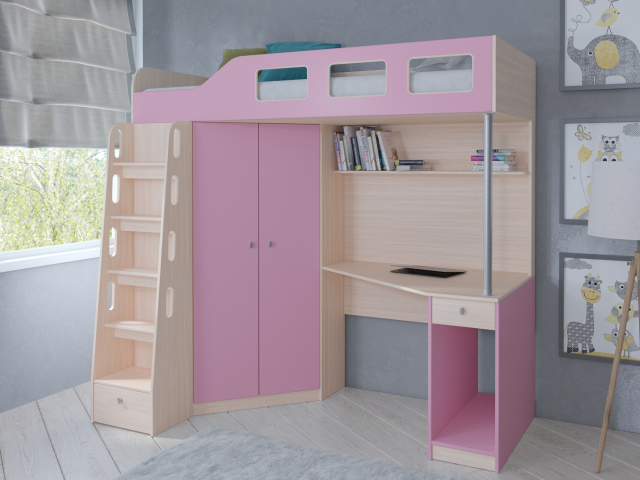 Кровать-чердак "Астра 7" дуб молочный-розовый