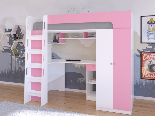 Кровать двухъярусная "Астра 10" белый/розовый
