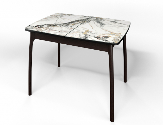 Стол обеденный раздвижной "Флорида" стекло с фотопечатью СМ-6, ЛДСП венге, опора массив изогнутая венге