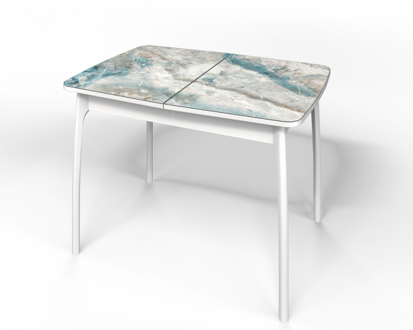 Стол обеденный раздвижной "Флорида" стекло с фотопечатью СМ-7, ЛДСП белый, опора массив изогнутая белая