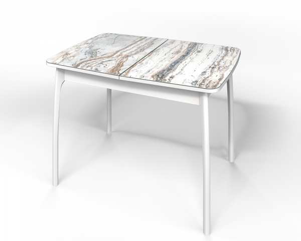 Стол обеденный раздвижной "Флорида" стекло с фотопечатью СМ-2, ЛДСП белый, опора массив изогнутая белая