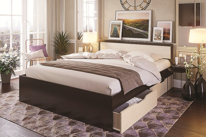 Кровать двуспальная с ящиками "Гармония" венге, дуб белфорт