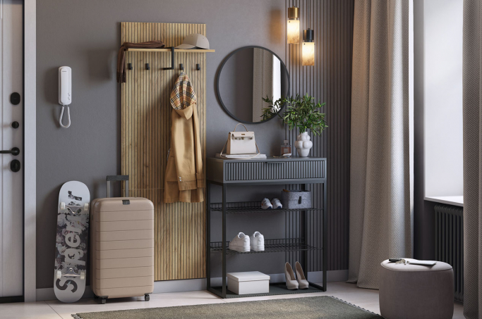 Прихожая "Мебельсон К1" дуб крафт золотой/графит/черный муар/черный