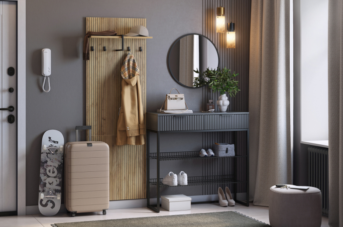 Прихожая "Мебельсон К2" дуб крафт золотой/графит/черный муар/черный